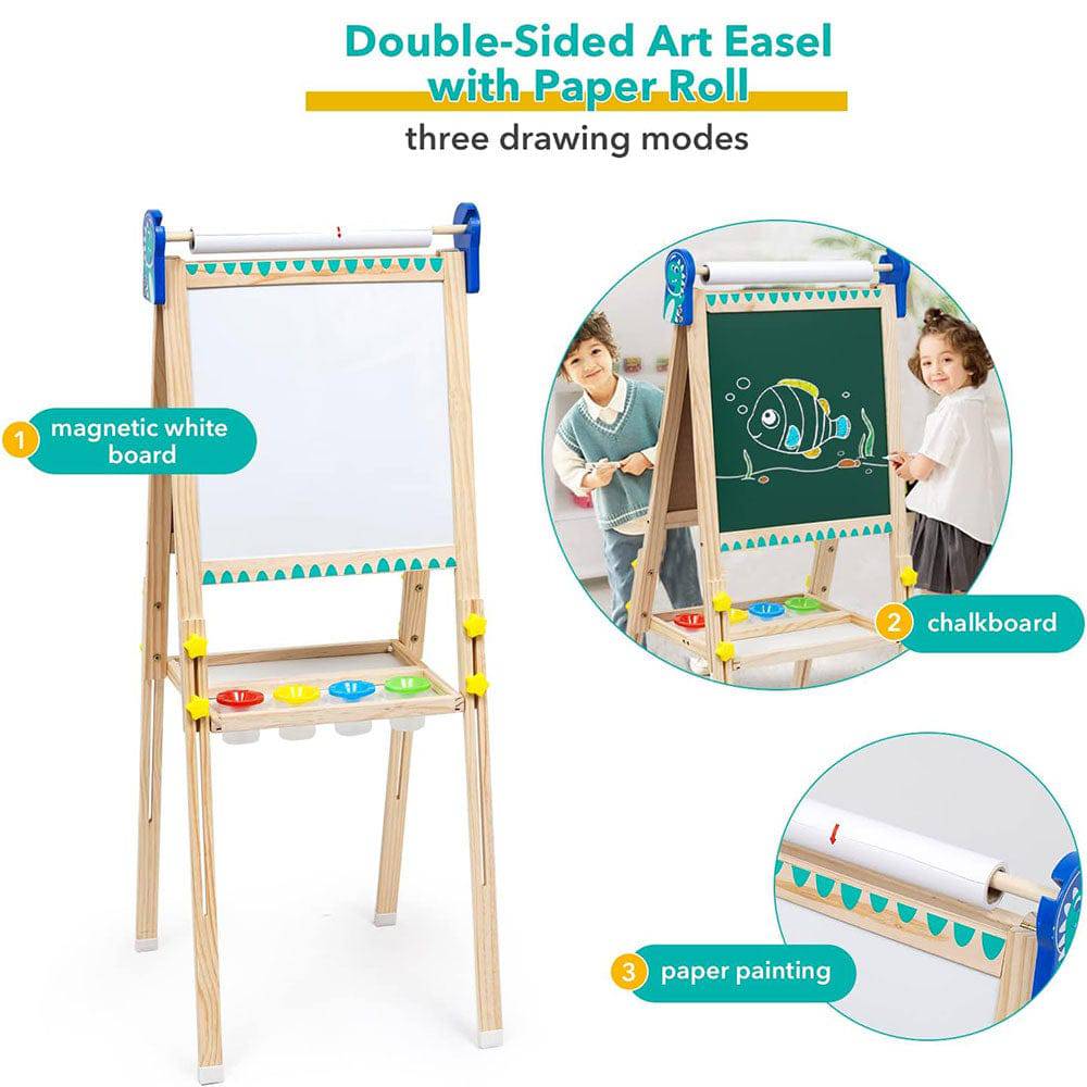 COOLBABY ZRW-ETHB Kids Easel Wooden Art Easel Adjustable Standing Easel Double-Sided Drawing Easel - COOL BABY