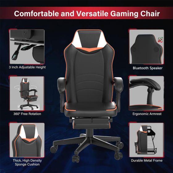 Omega Gaming with Speaker Black & Orange PU Gaming Chair - COOLBABY