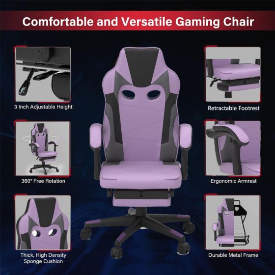 High Back Black & Violet Video Gaming Chair with PU Leatherette - COOLBABY