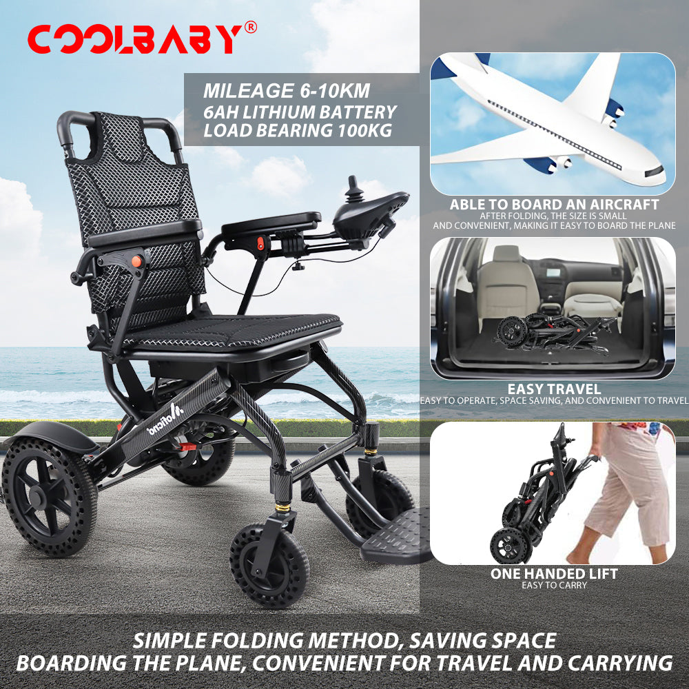 Lightweight Folding Electric Wheelchair, Only 34lbs, Foldable Power Wheelchair for Adults, Dual Motors, Motorized Mobility Scooters for Seniors, All Terrain, Travel Size, Airline Approved - COOLBABY