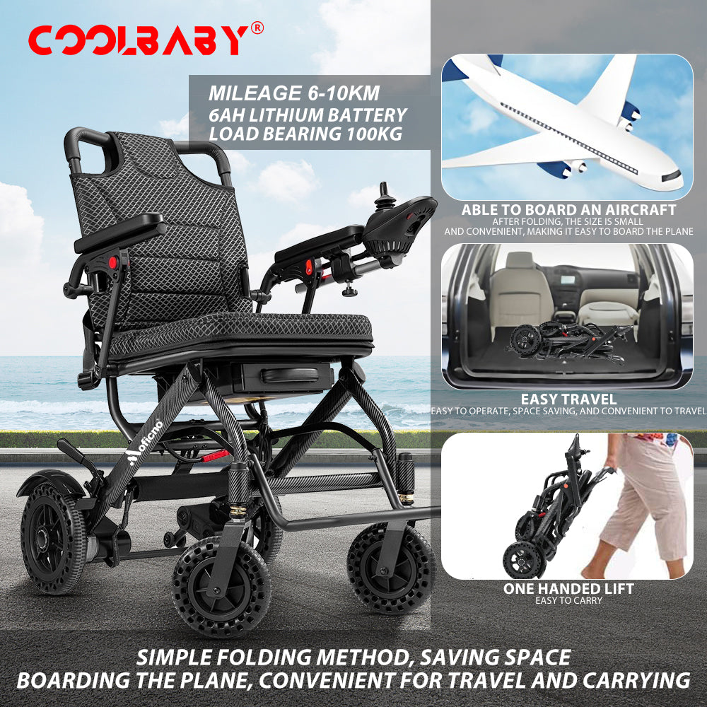 Lightweight Folding Electric Wheelchair, Only 34lbs, Foldable Power Wheelchair for Adults, Dual Motors, Motorized Mobility Scooters for Seniors, All Terrain, Travel Size, Airline Approved - COOLBABY