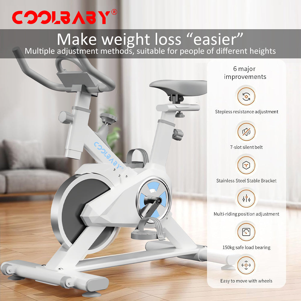 COOLBABY Indoor Cycling Bike, Silent Belt Drive Exercise Bike Stationary Bicycle with Steel Flywheel, Phone Holder, Handlebar, Heart Rate Monitor - COOLBABY