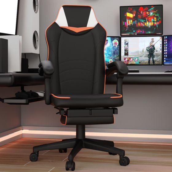 Omega Gaming with Speaker Black & Orange PU Gaming Chair - COOLBABY