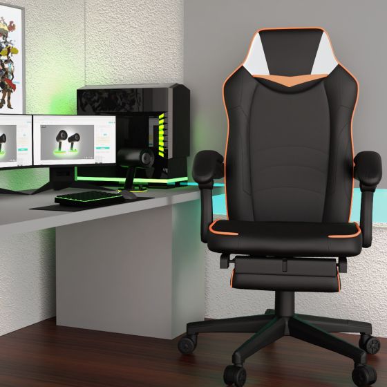 Omega Gaming with Speaker Black & Orange PU Gaming Chair - COOLBABY
