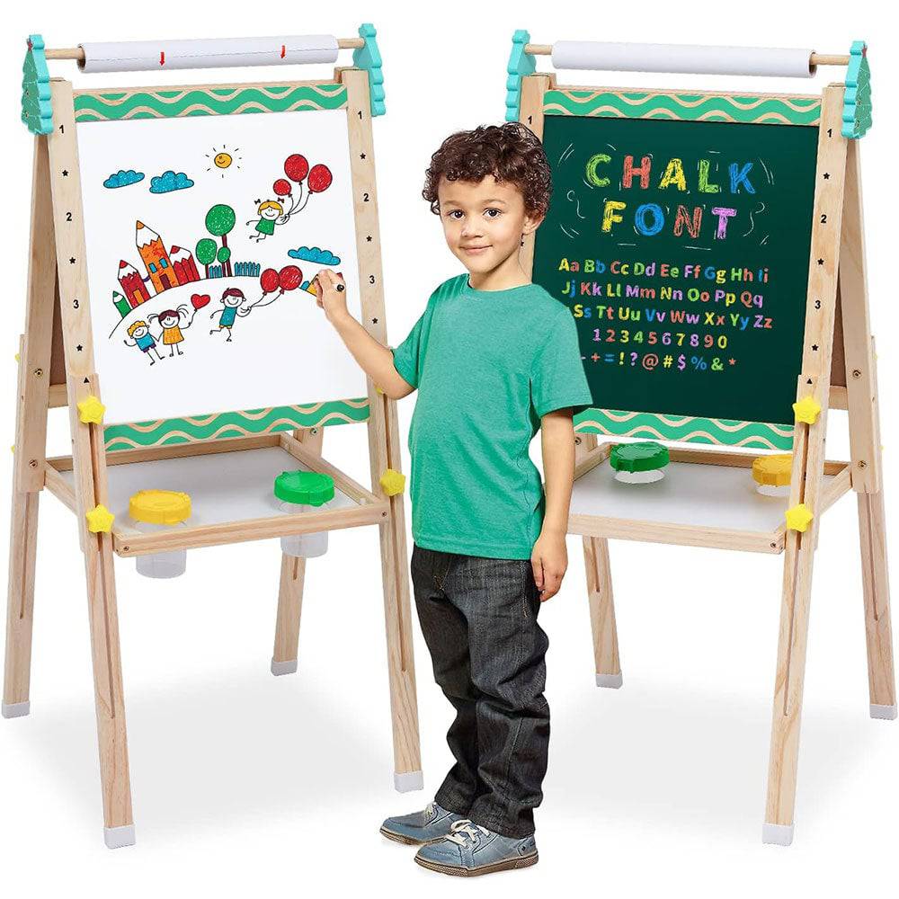 COOLBABY ZRW-ETHB Kids Easel Wooden Art Easel Adjustable Standing Easel Double-Sided Drawing Easel - COOL BABY