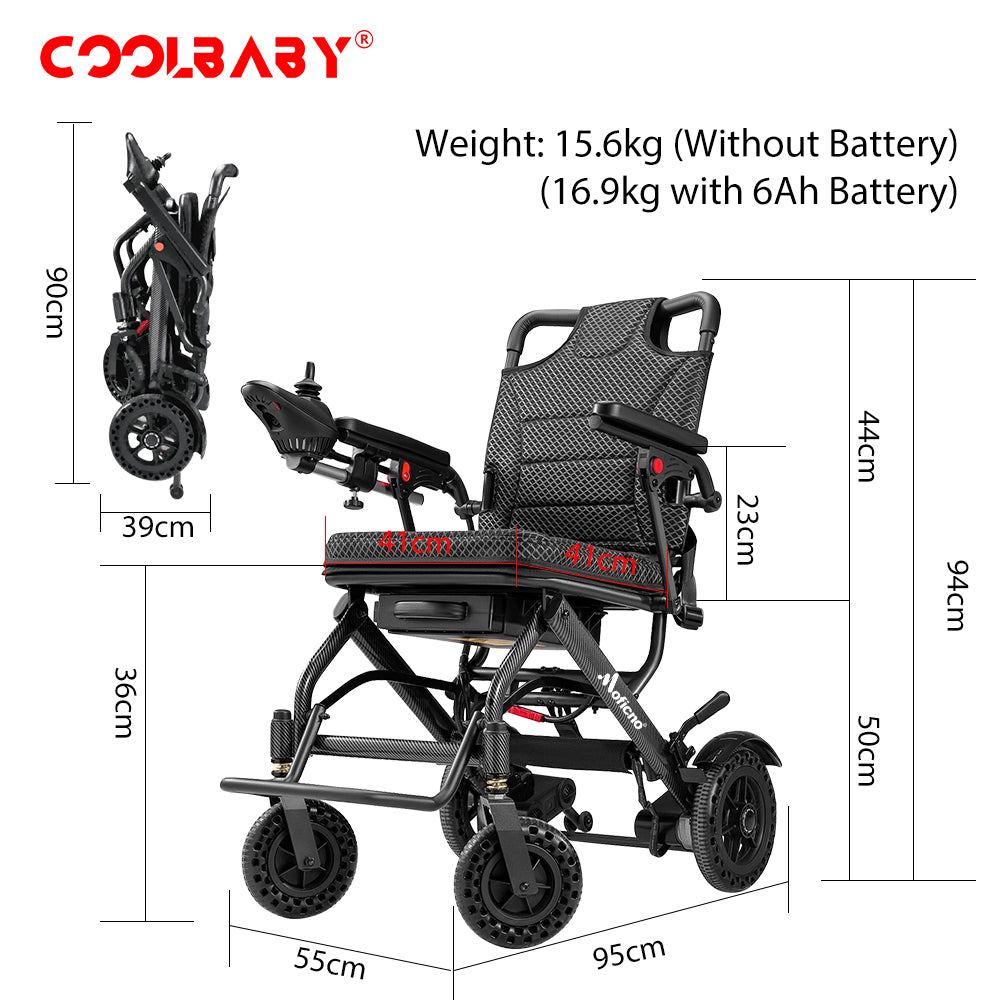 Lightweight Folding Electric Wheelchair, Only 34lbs, Foldable Power Wheelchair for Adults, Dual Motors, Motorized Mobility Scooters for Seniors, All Terrain, Travel Size, Airline Approved - COOLBABY