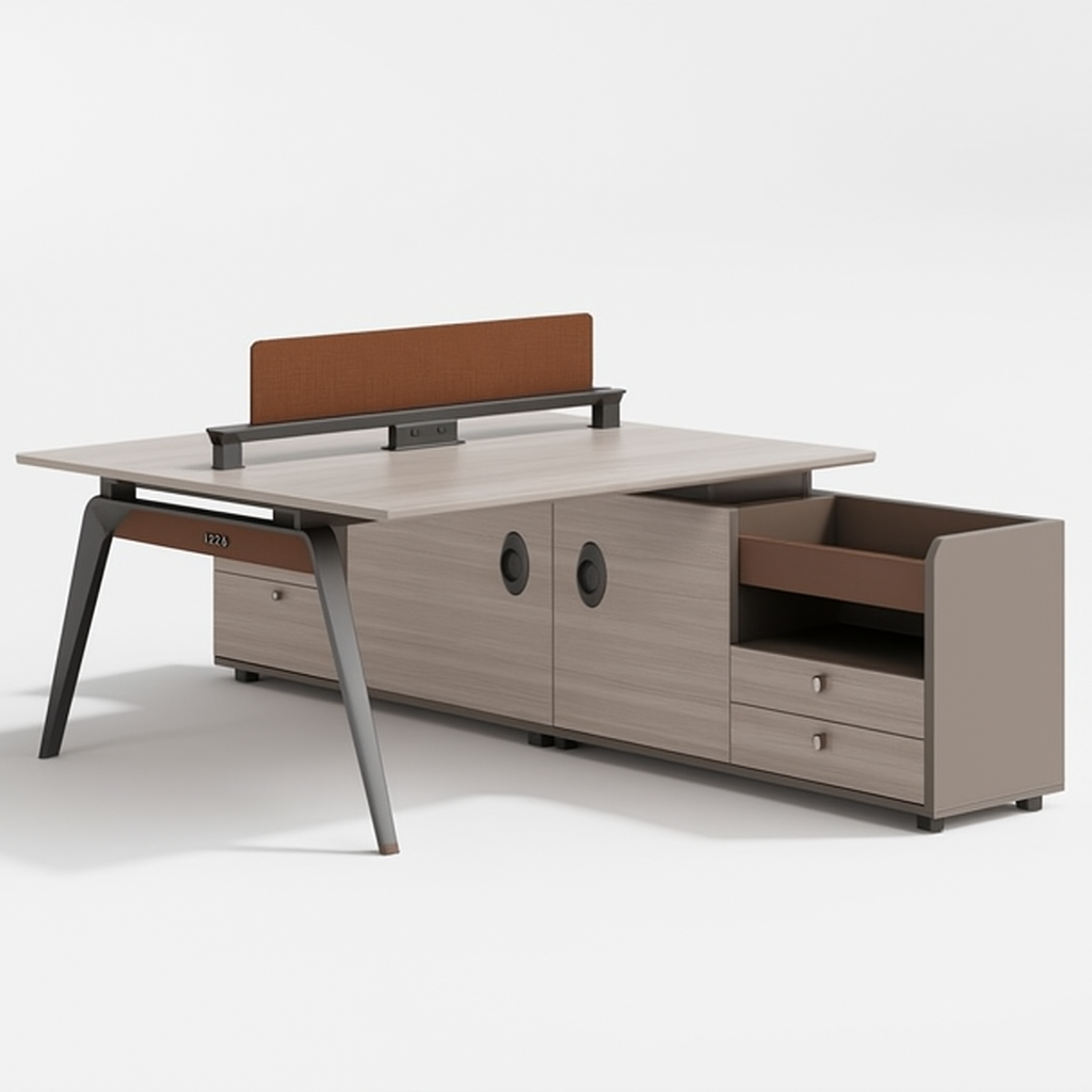 YD‑1424‑1 Office Workstation – White Oak HDF Double‑Seater Desk with Partition & Storage