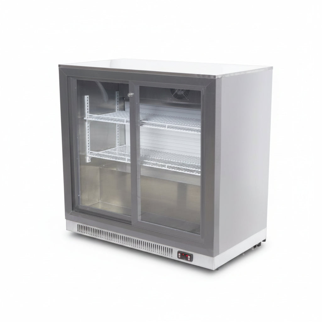 Commercial refrigerator with glass door on a white background