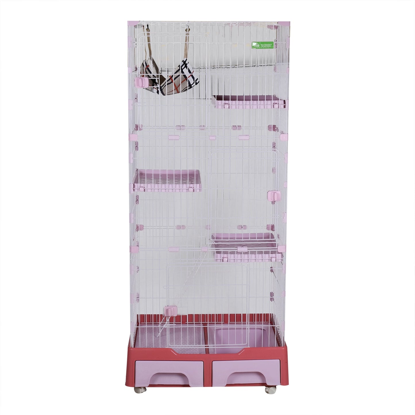 Cat Cage With 4 Layer Litter Box W/ Swing & Wheels, XL - Pink - COOLBABY