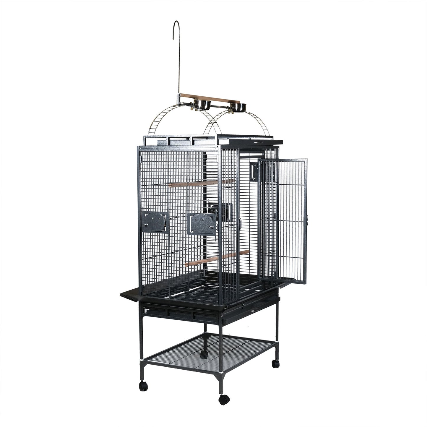 Bird Cage With 3 Feeder Bowl, 3 Wooden Stick, Top Stand & Wheel - COOLBABY