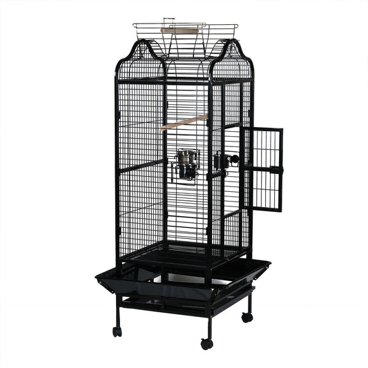 Bird Cage With 3 Feeder Bowl, 2 Wooden Stick, Wheels With Top Open - COOLBABY