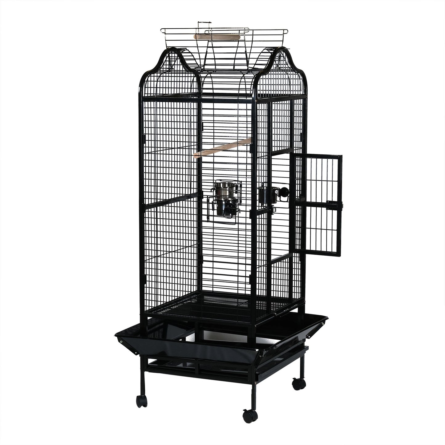 Bird Cage With 3 Feeder Bowl, 2 Wooden Stick, Wheels With Top Open - COOLBABY