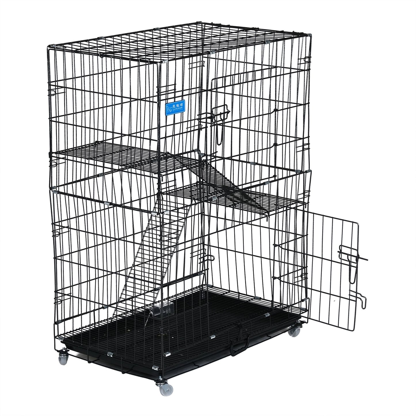 Cat Cage With 2 Layer & Wheels, Large - Black - COOLBABY
