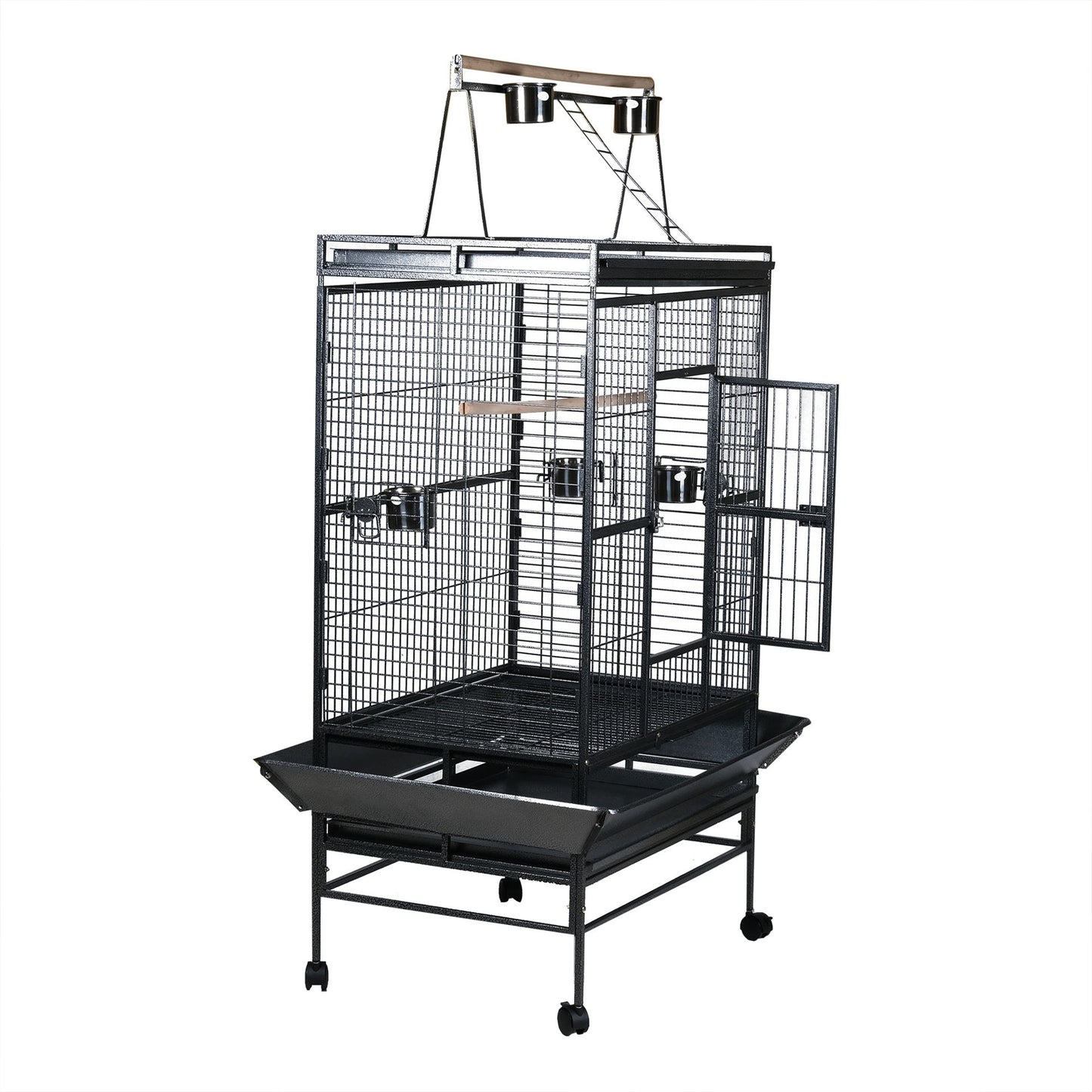 Bird Cage With 5 Feeder Bowl, Wooden Stick, Wheels With Top Open - COOLBABY