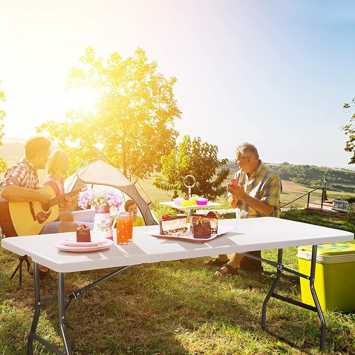 Folding Table 6ft Plastic Tables for Parties Portable w/Handle, Fold-in-Half Utility Foldable Table, 6' Dining Table Heavy Duty - COOLBABY