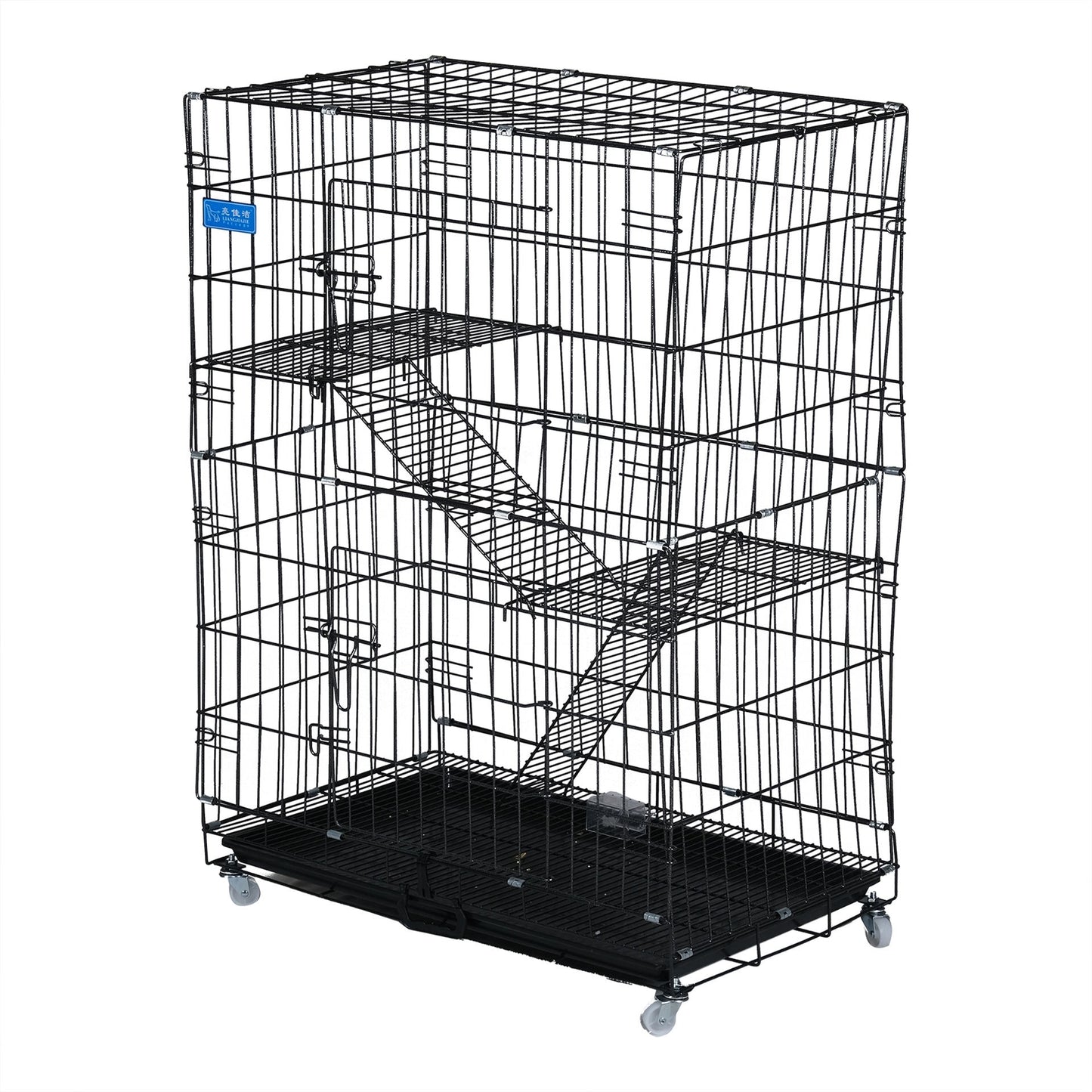 Cat Cage With 2 Layer & Wheels, Large - Black - COOLBABY