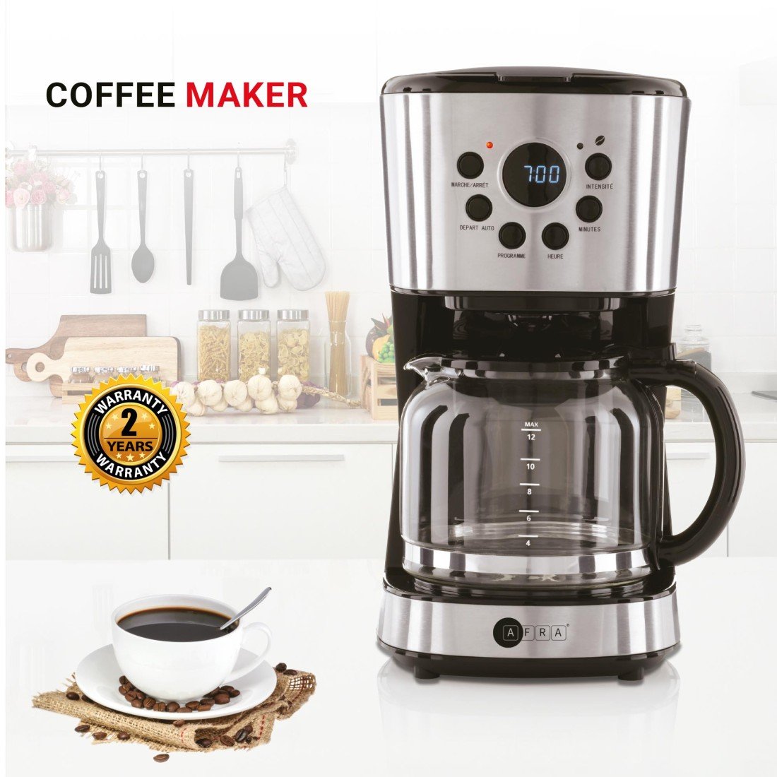 Coffee maker with a cup of coffee and coffee beans on a white background