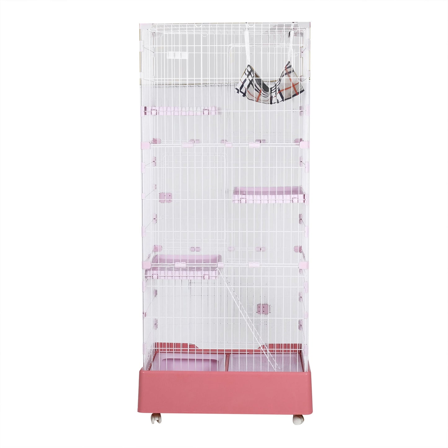 Cat Cage With 4 Layer Litter Box W/ Swing & Wheels, XL - Pink - COOLBABY