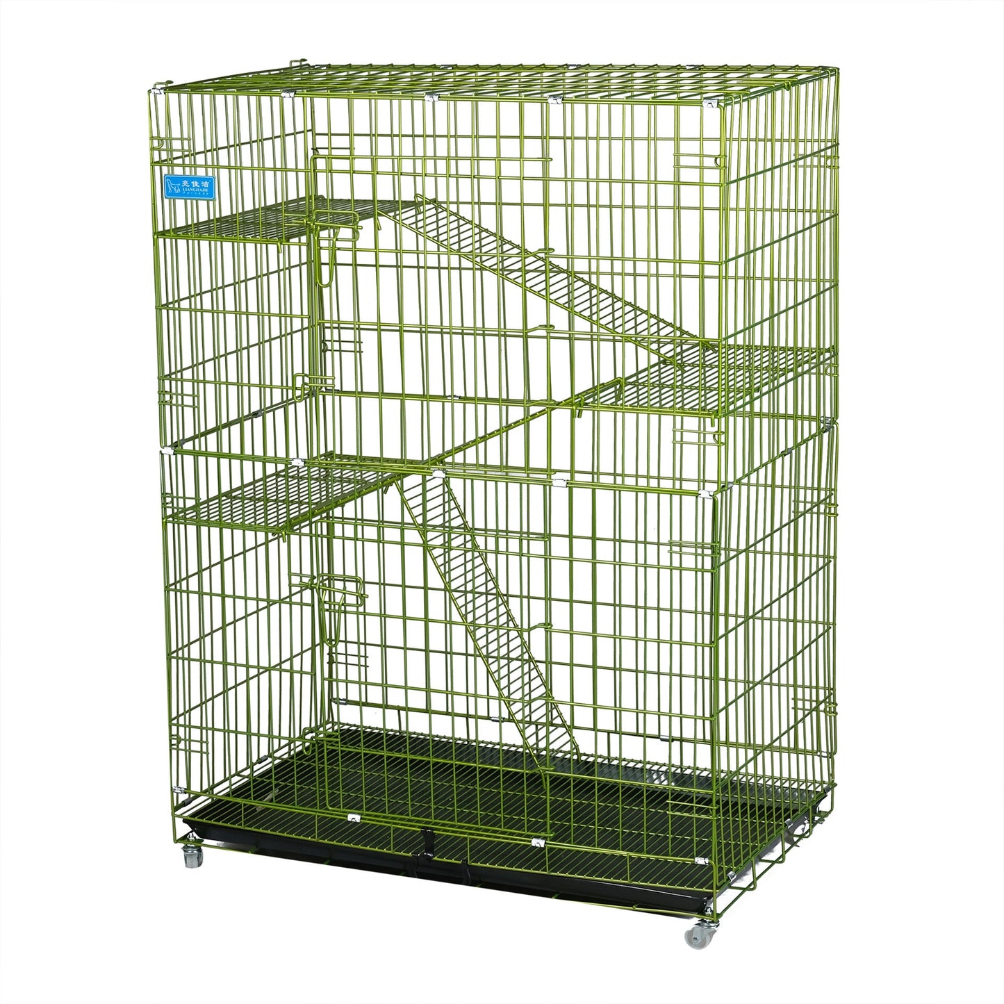 Cat Cage With 3 Layer Litter Box W/ Hammock & Wheels, XL - Green - COOLBABY