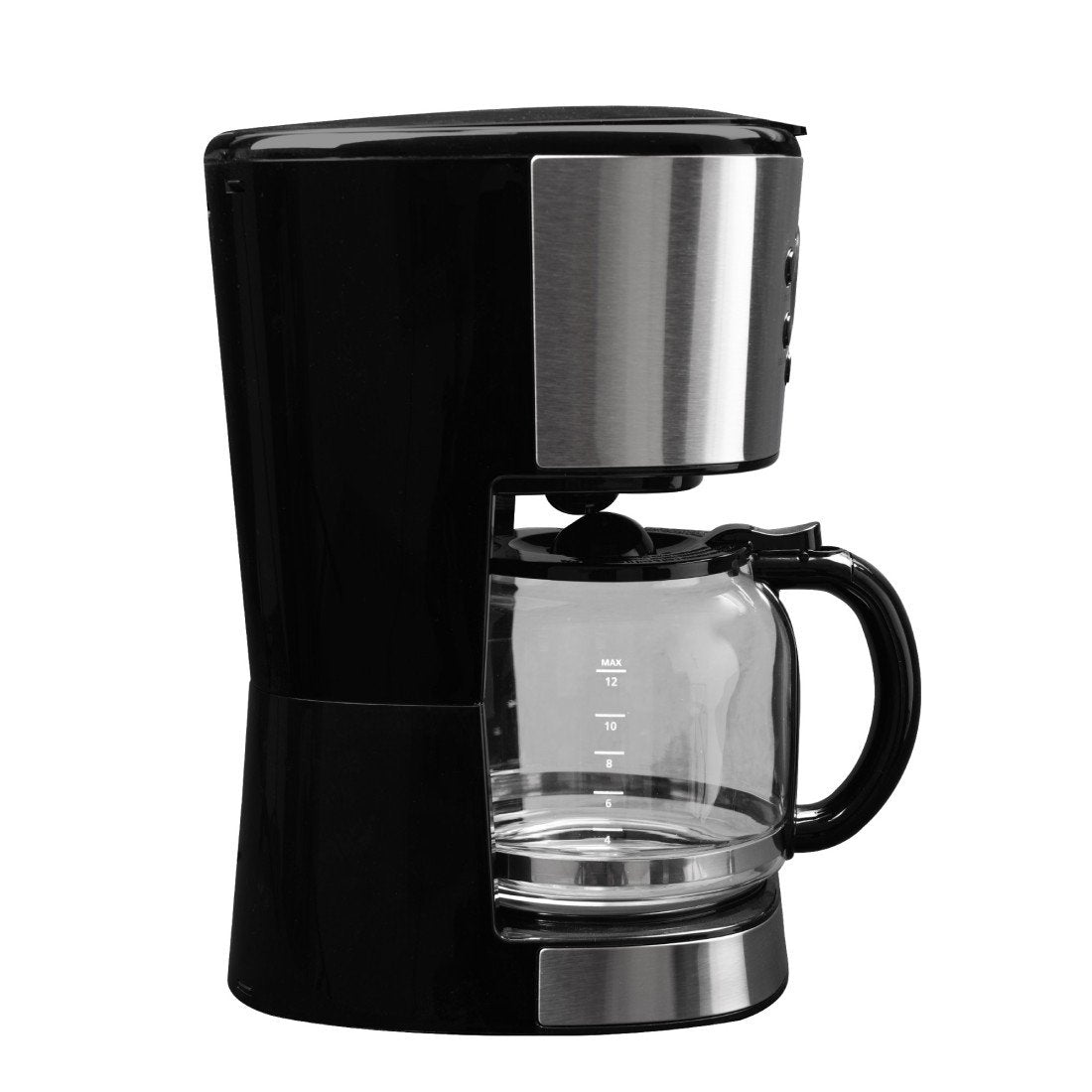 Black coffee maker with glass carafe on a white background