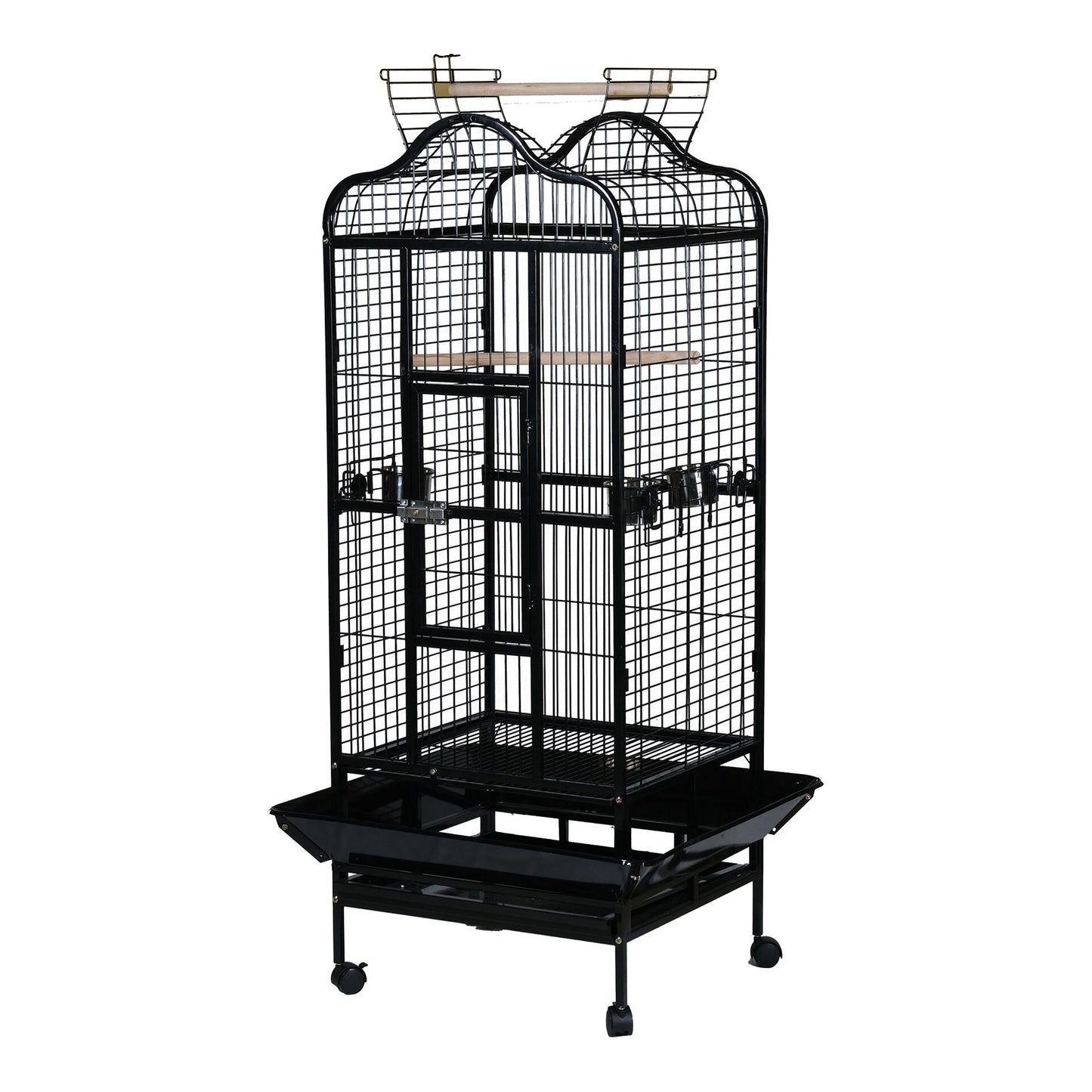 Bird Cage With 3 Feeder Bowl, 2 Wooden Stick, Wheels With Top Open - COOLBABY