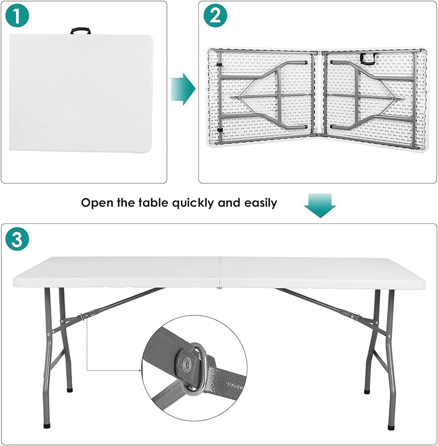Folding Table 6ft Plastic Tables for Parties Portable w/Handle, Fold-in-Half Utility Foldable Table, 6' Dining Table Heavy Duty - COOLBABY
