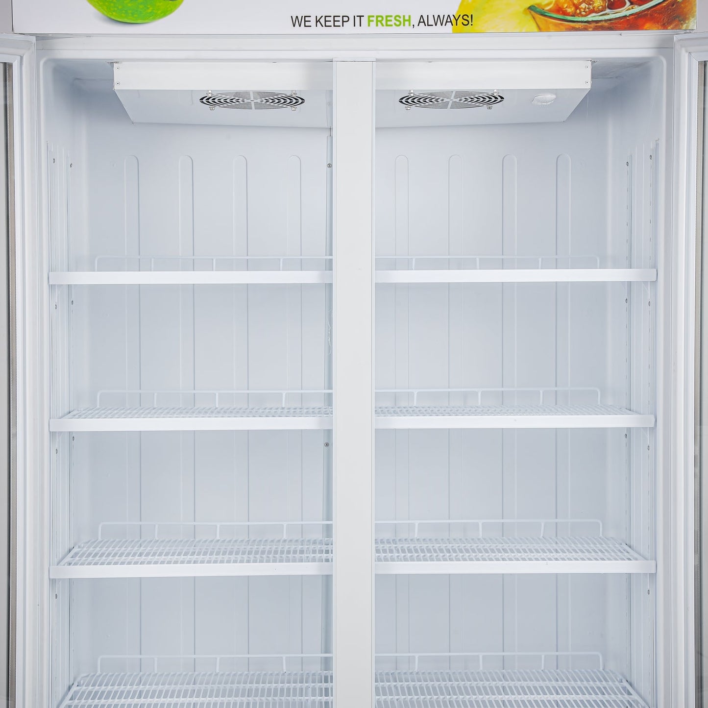 Double Door Showcase Chiller 700L – No Frost Fan Cooling with LED Temperature Control