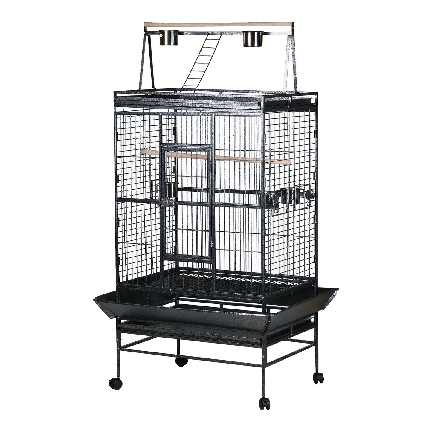 Bird Cage With 5 Feeder Bowl, Wooden Stick, Wheels With Top Open - COOLBABY