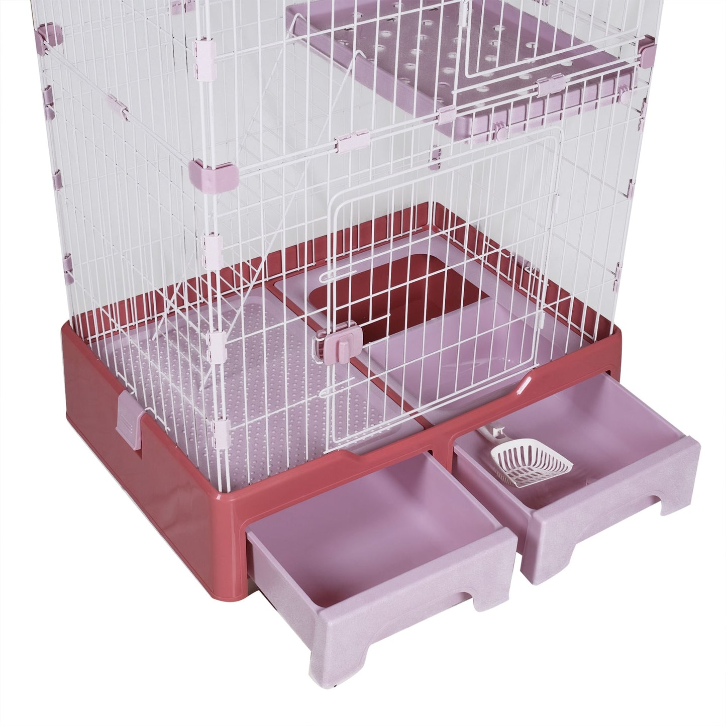 Cat Cage With 4 Layer Litter Box W/ Swing & Wheels, XL - Pink - COOLBABY