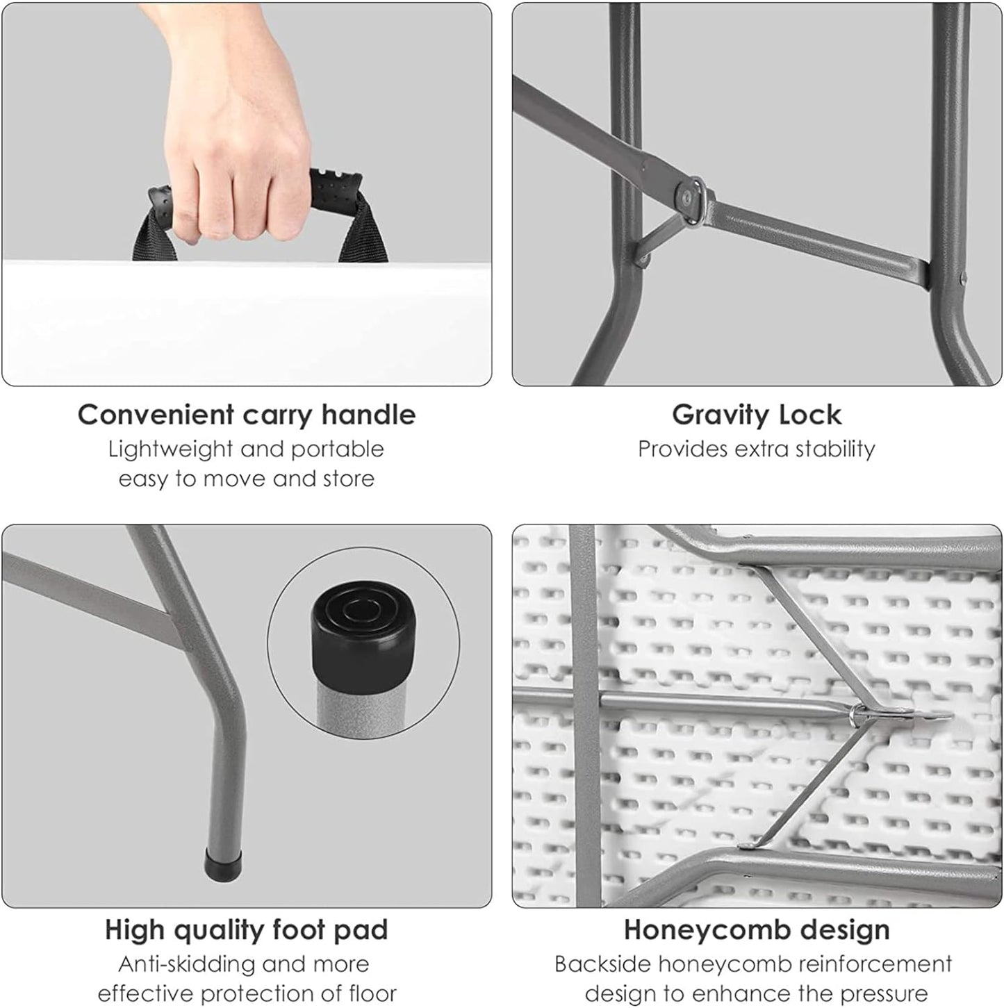 Folding Table 6ft Plastic Tables for Parties Portable w/Handle, Fold-in-Half Utility Foldable Table, 6' Dining Table Heavy Duty - COOLBABY