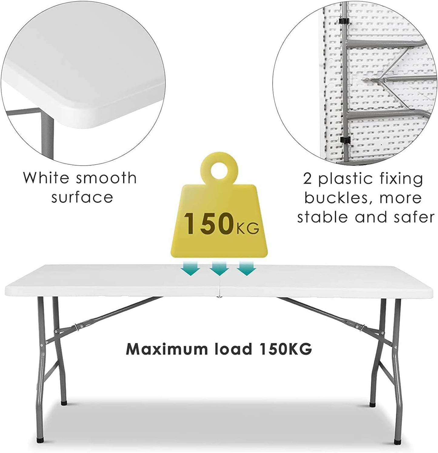 Folding Table 6ft Plastic Tables for Parties Portable w/Handle, Fold-in-Half Utility Foldable Table, 6' Dining Table Heavy Duty - COOLBABY