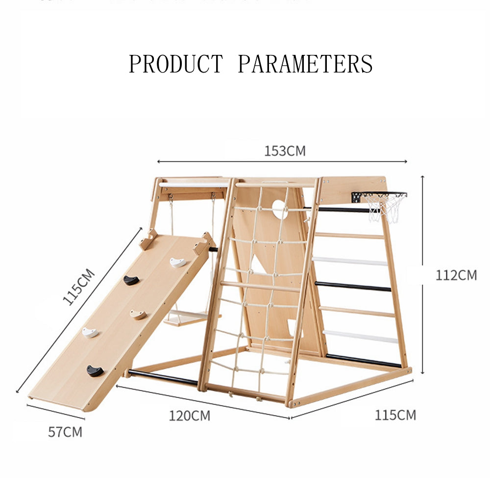 COOLBABY SSZ-PPJ07 Beech Indoor Playground 7-in-1 Solid Wood Children's Climbing Frame With Swing/Slide/Rock Climbing/Net/Ladder/Monkey Bar/Basketball Frame - COOLBABY