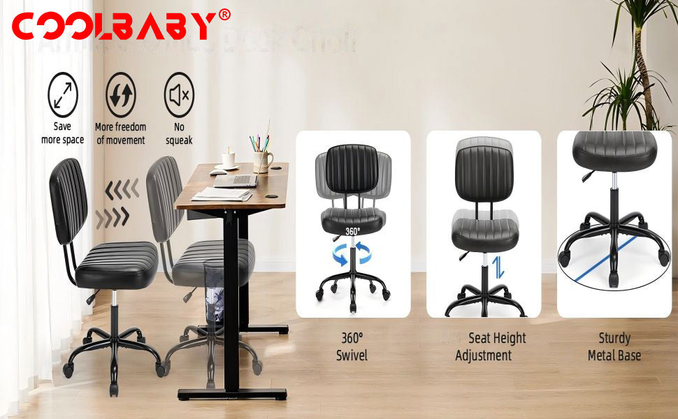 Armless Home Office Desk Chair with Wheels, Ergonomic PU Leather Task Chair, Height Adjustable, 360° Swivel, Lumbar Support - Black - COOLBABY