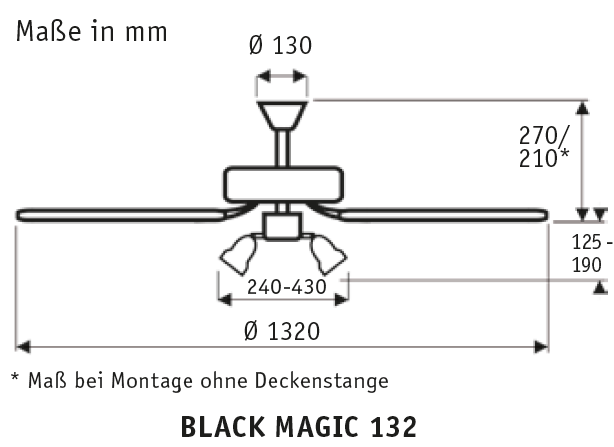 Black Ø132 Ceiling Fan With Pull Chain, 220/230 VAC, 50Hz - COOLBABY