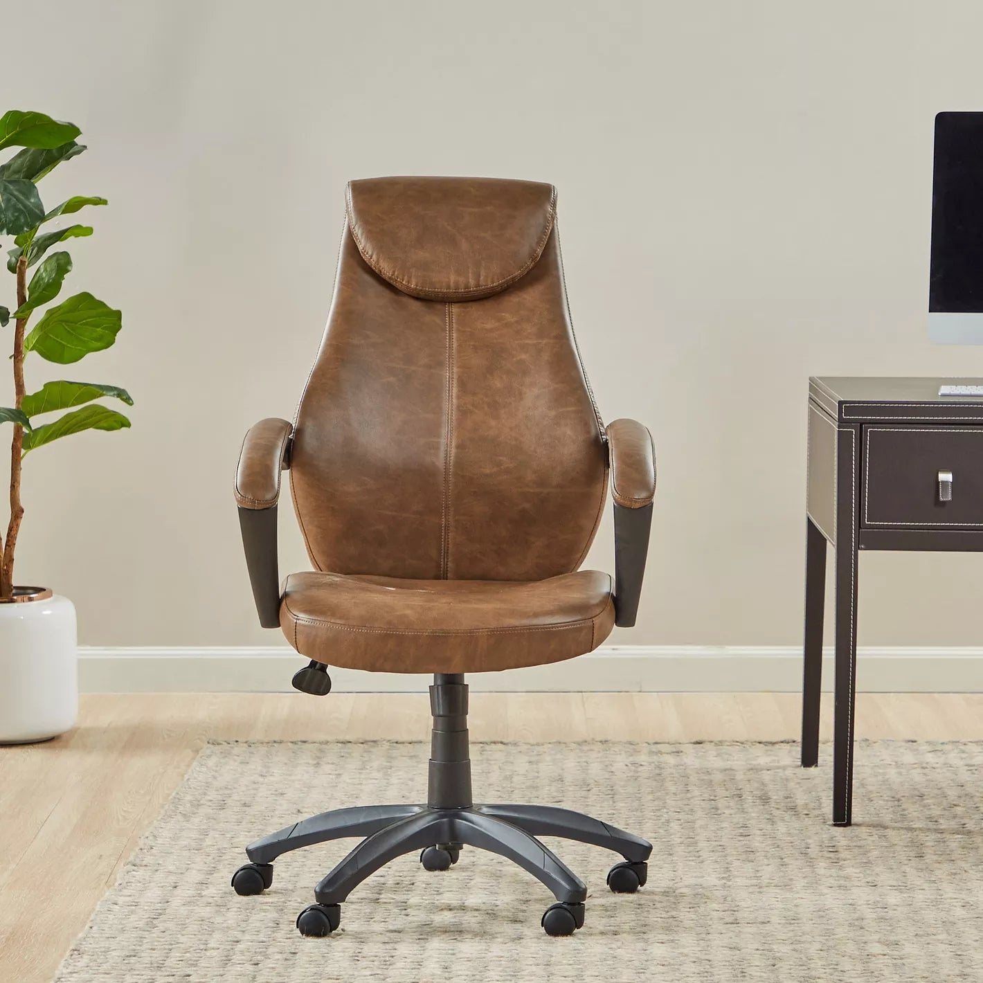 Ergonomic Swivel Leather Chair with Adjustable Height, Office Chair, Study Chair - Brown/Black - COOLBABY