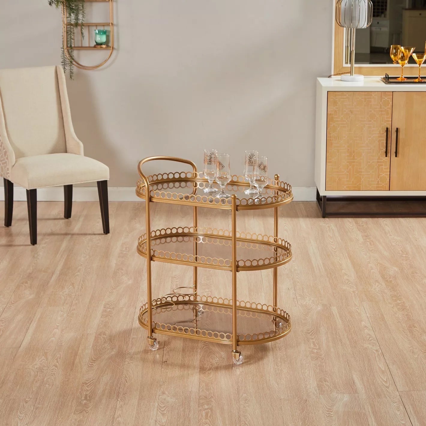 Modern Serving Trolley For Storage With Three Oval Shelves And Lockable Wheels - COOLBABY