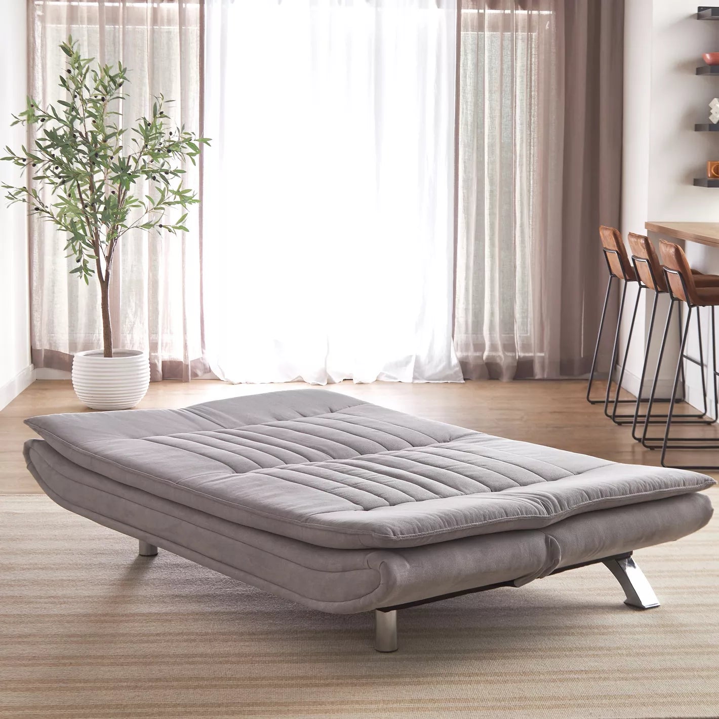 3-Seater Fabric Sofa Bed, Modern Armless Sofa Bed With Metal Legs - COOLBABY