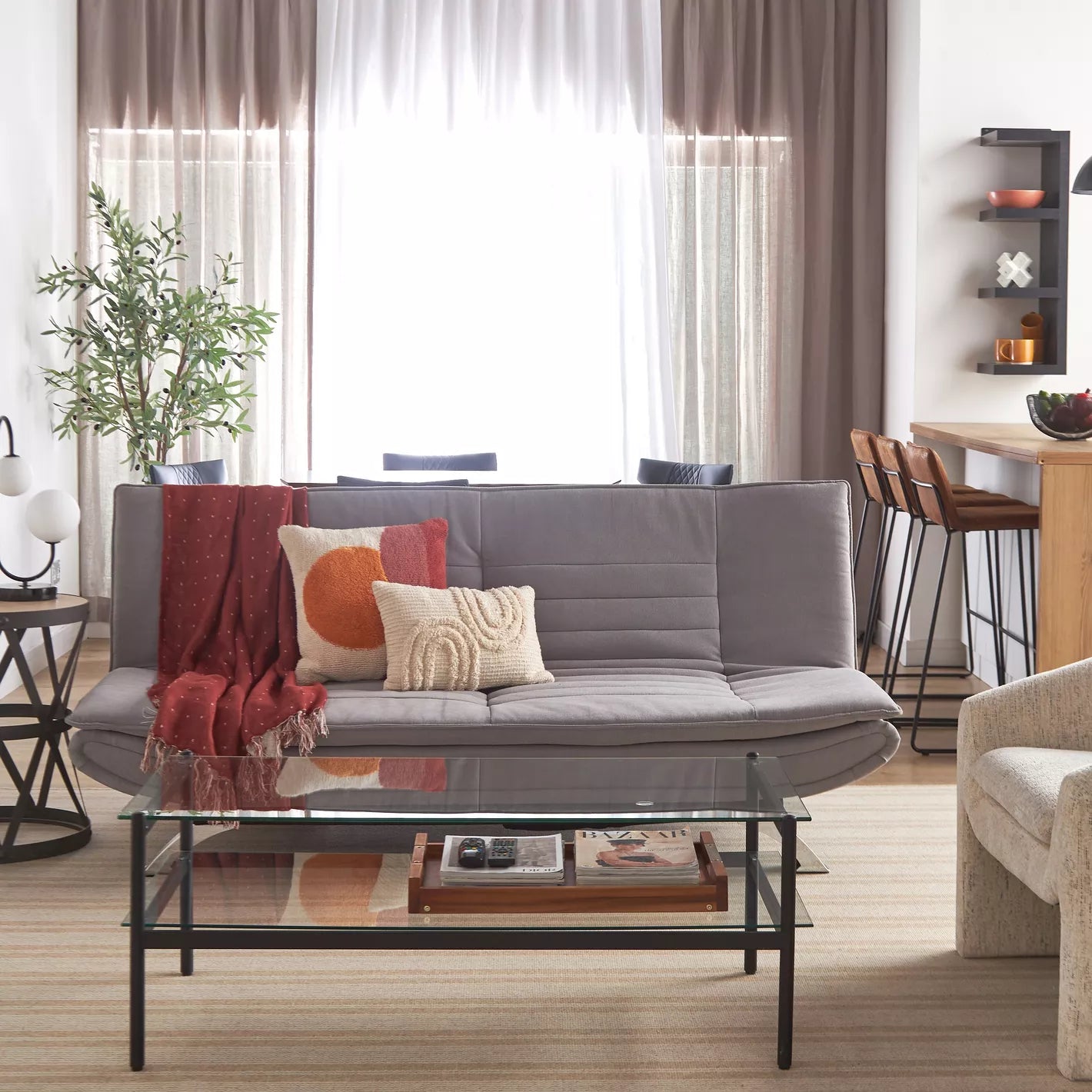 3-Seater Fabric Sofa Bed, Modern Armless Sofa Bed With Metal Legs - COOLBABY