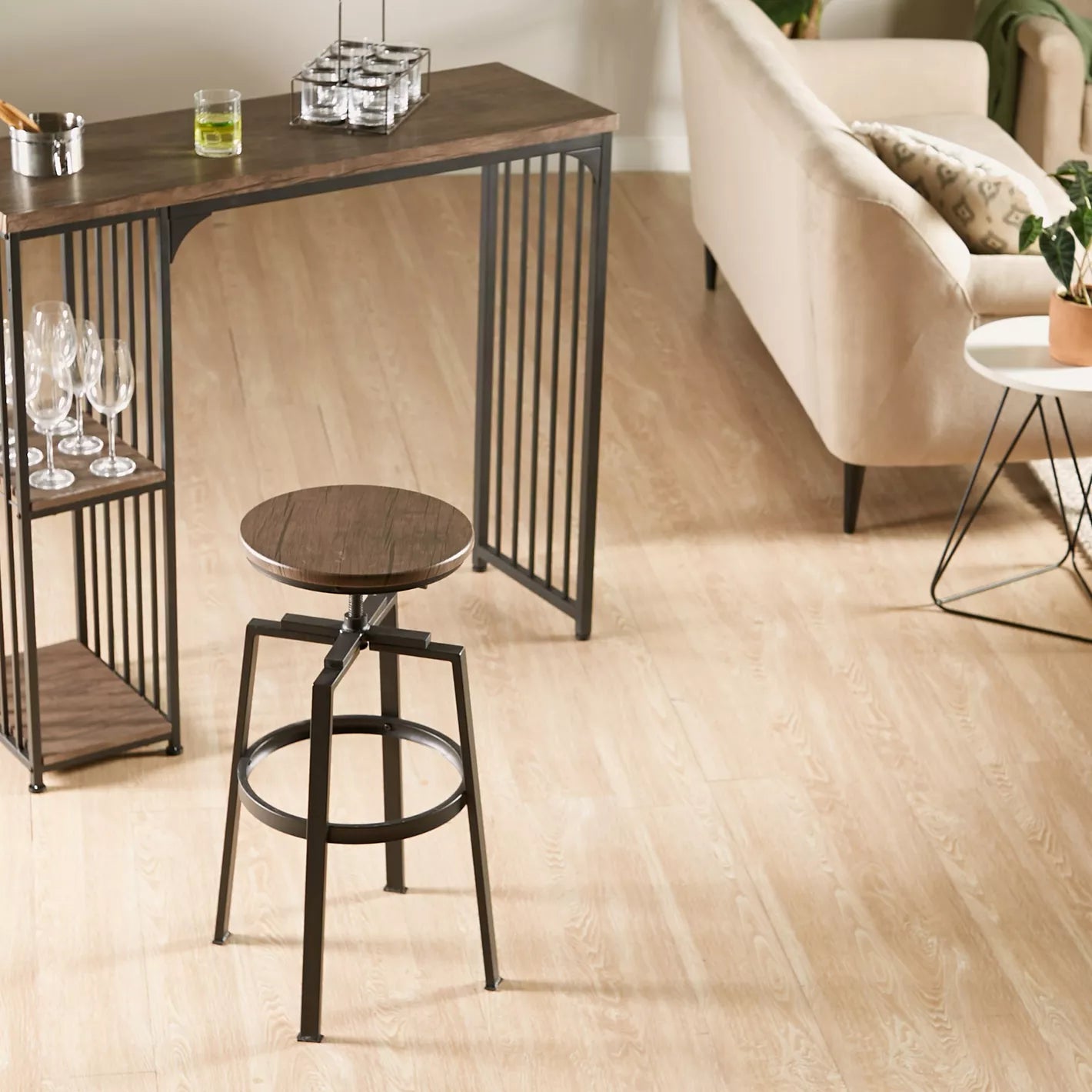 Wooden Top Bar Stool With Adjustable Height And Metal Legs - Black - COOLBABY