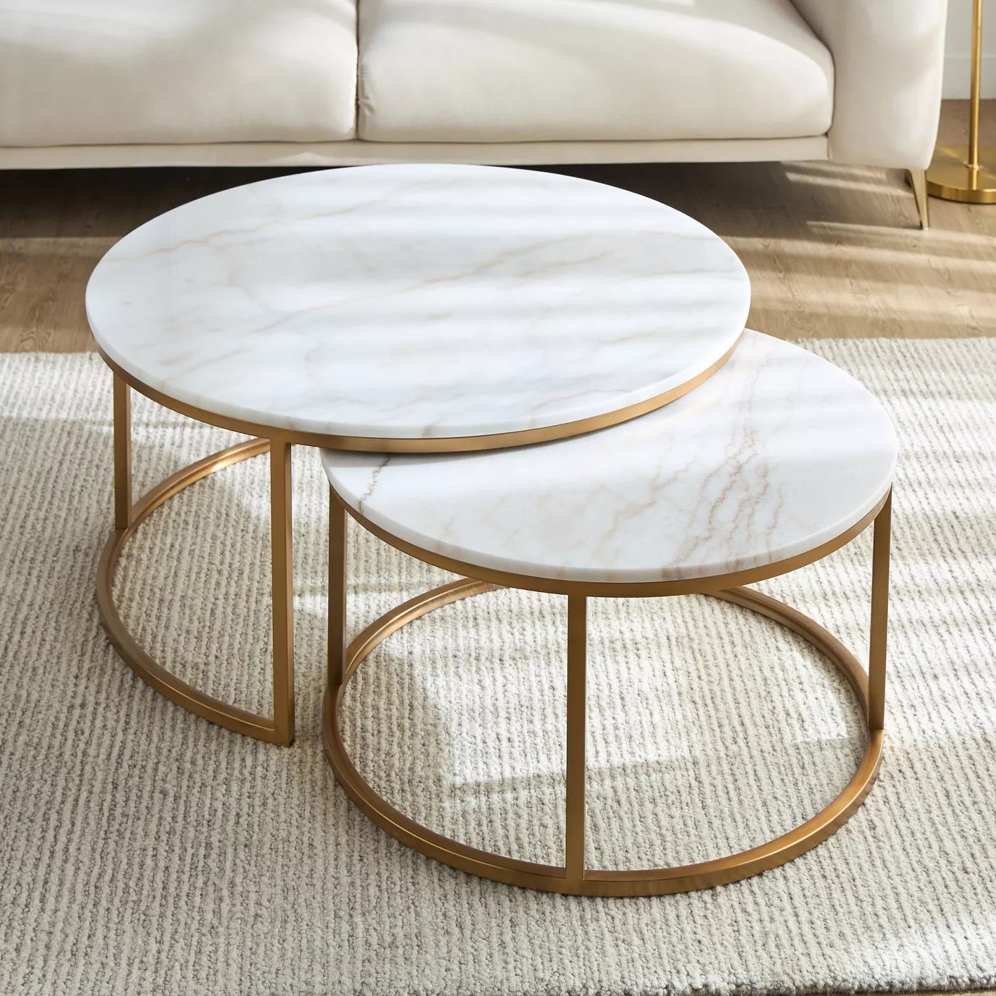 2-Piece Marble Top Coffee Table Set - White/Gold - COOLBABY