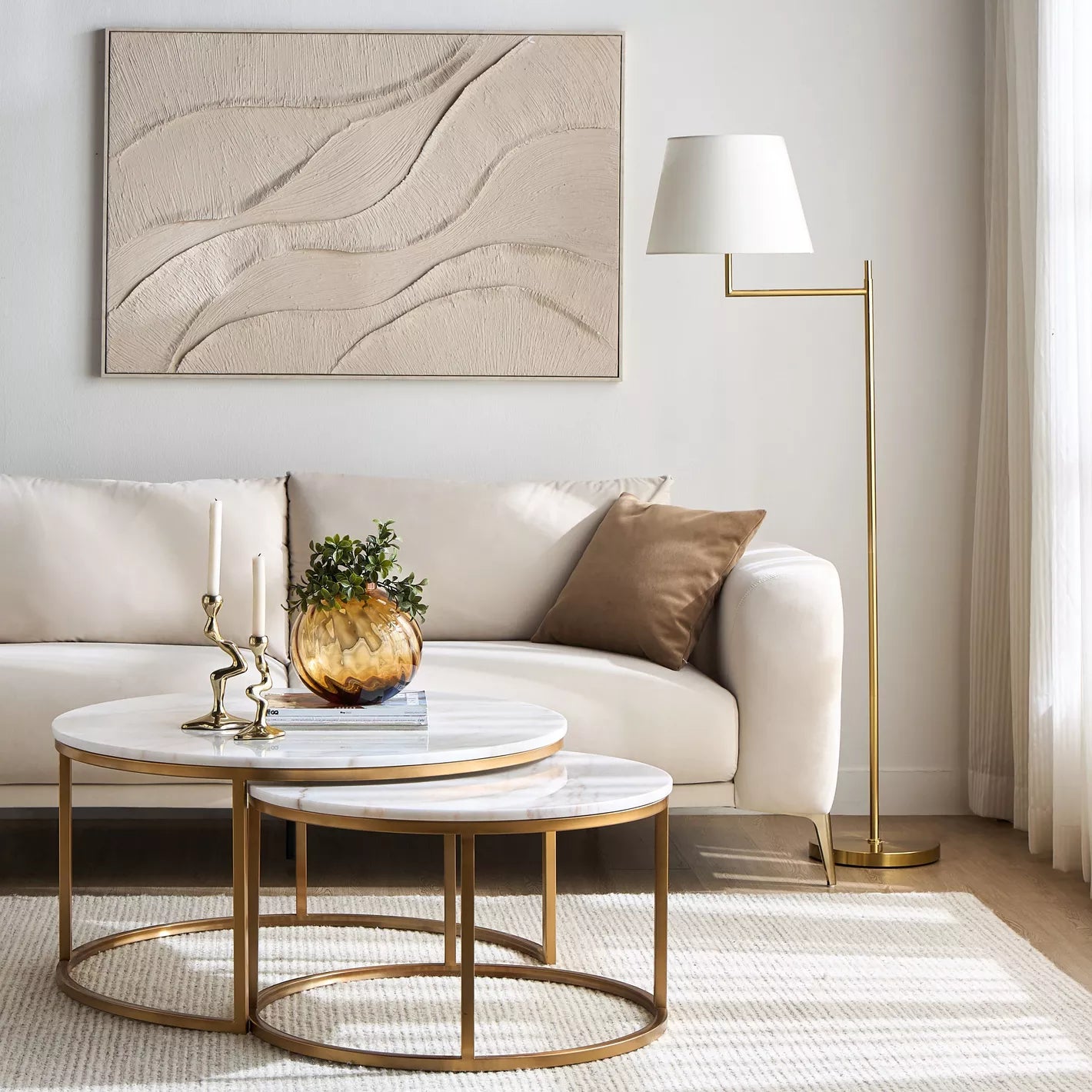 2-Piece Marble Top Coffee Table Set - White/Gold - COOLBABY
