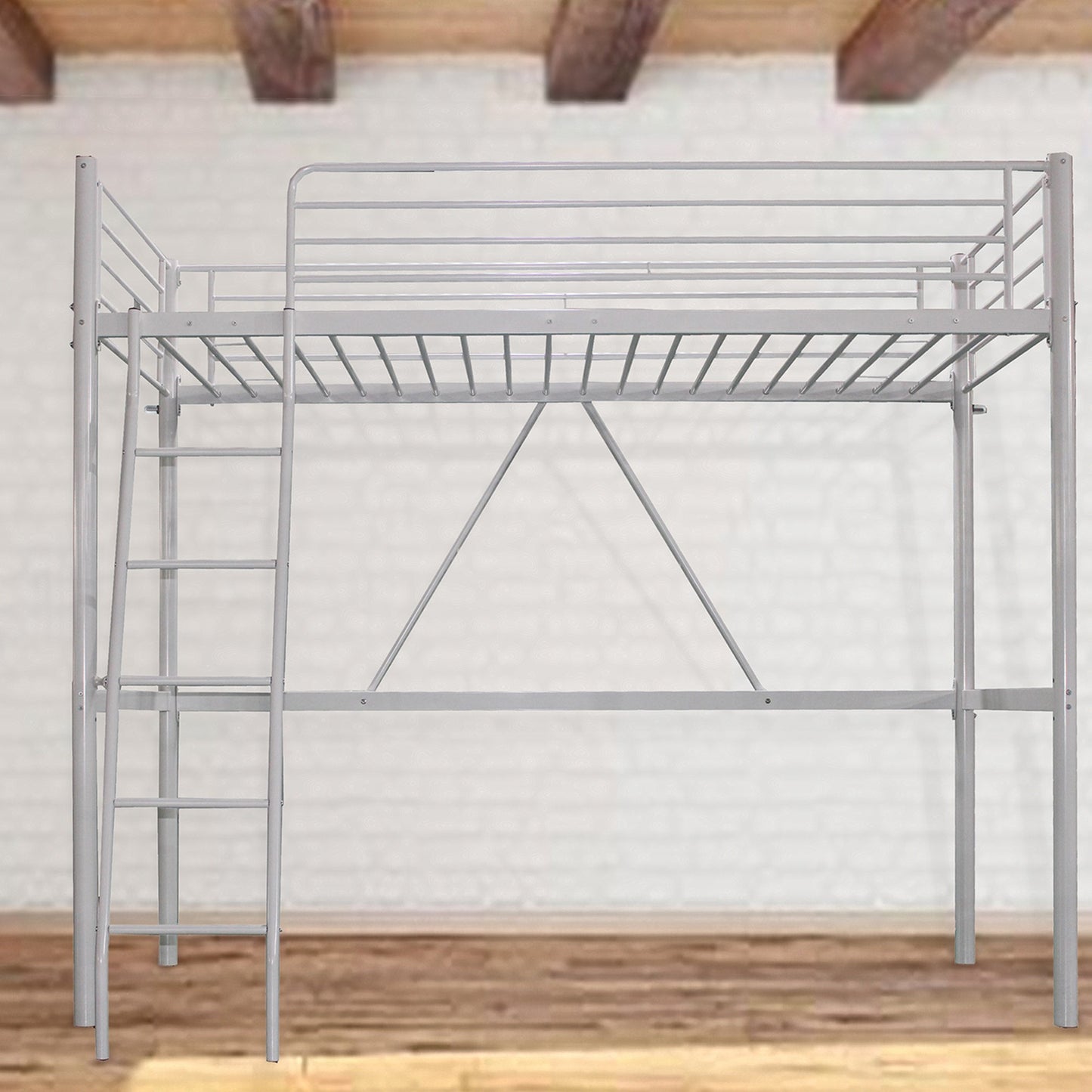 Metal Single Loft Bed 90x200 cm – Modern Space Saving Loft Bed with Reversible Ladder