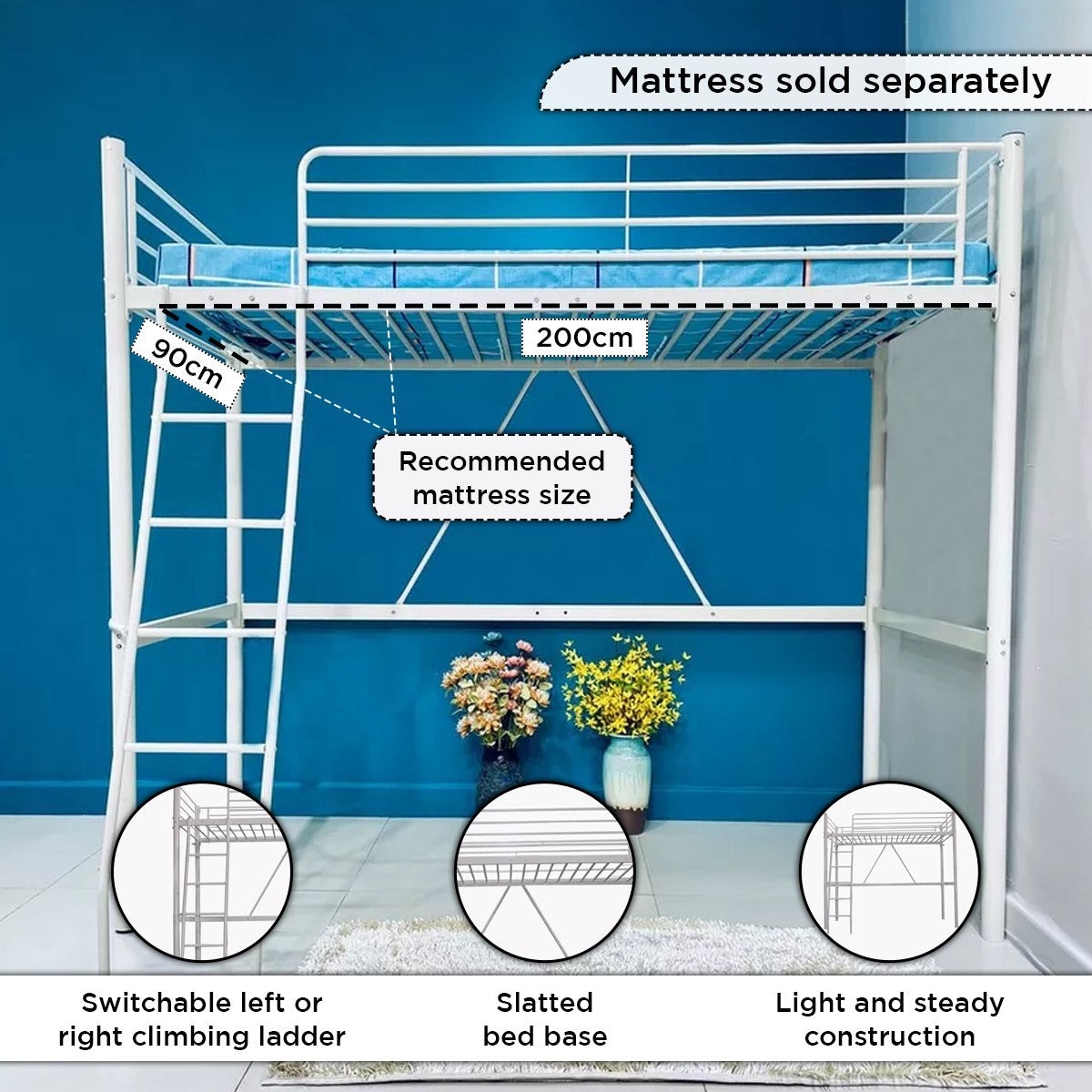 Metal Single Loft Bed 90x200 cm – Modern Space Saving Loft Bed with Reversible Ladder