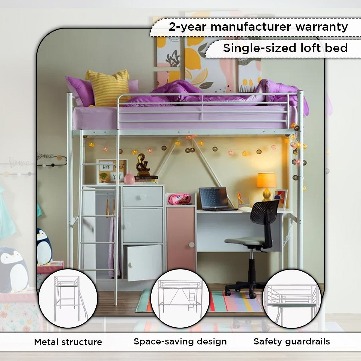 Metal Single Loft Bed 90x200 cm – Modern Space Saving Loft Bed with Reversible Ladder