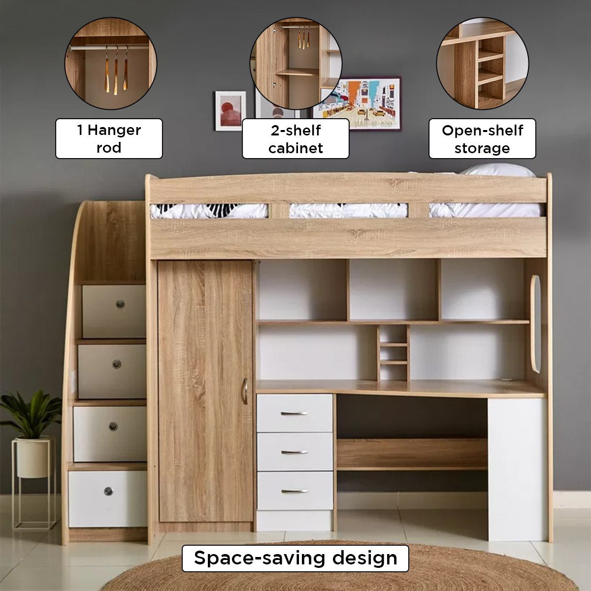 Single Loft Bed with Storage & Study Desk 90x190 cm – Space Saving Loft Bed with 7 Drawers