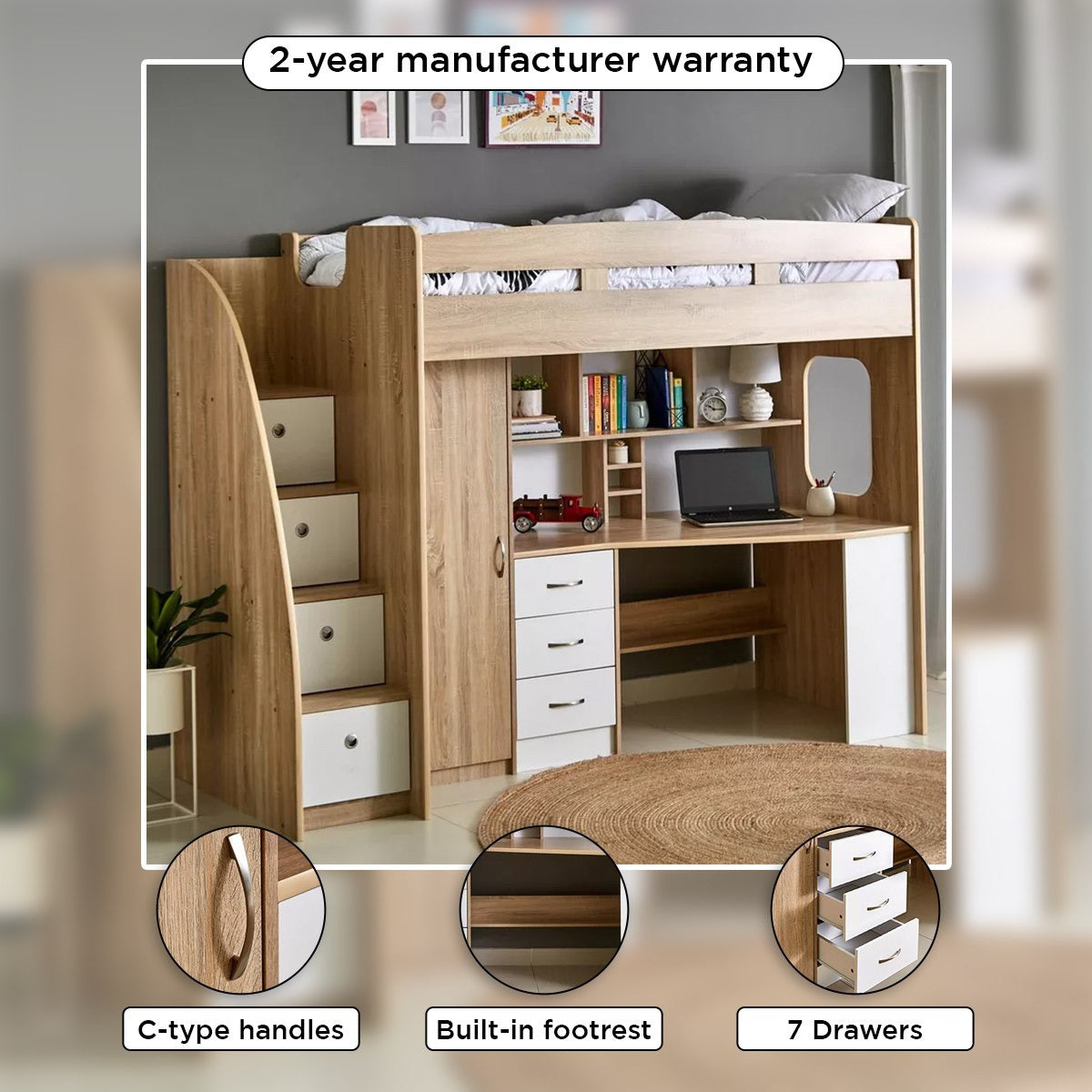 Single Loft Bed with Storage & Study Desk 90x190 cm – Space Saving Loft Bed with 7 Drawers