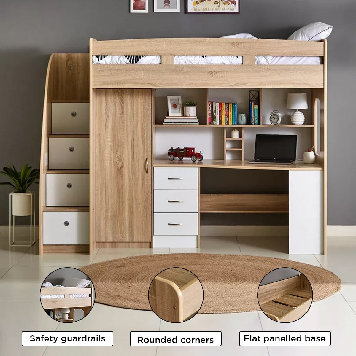 Single Loft Bed with Storage & Study Desk 90x190 cm – Space Saving Loft Bed with 7 Drawers