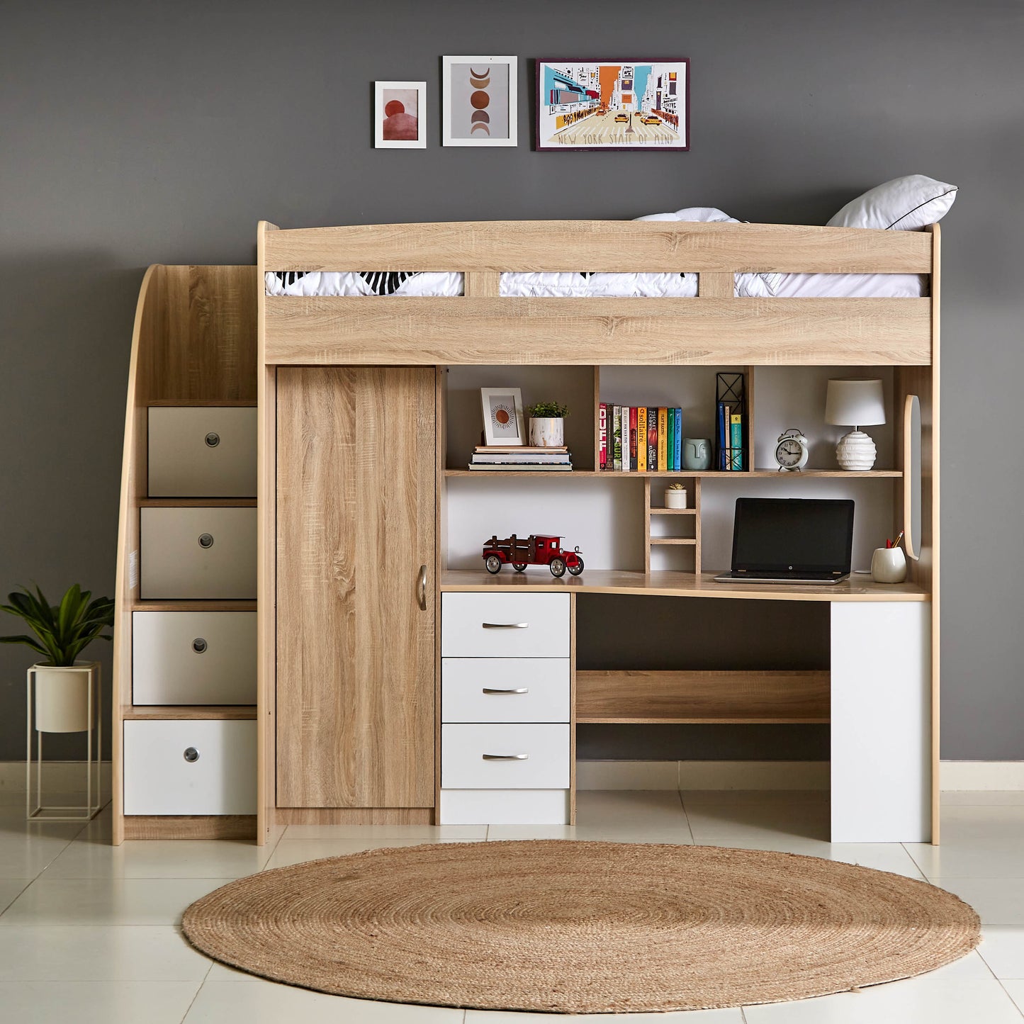Single Loft Bed with Storage & Study Desk 90x190 cm – Space Saving Loft Bed with 7 Drawers