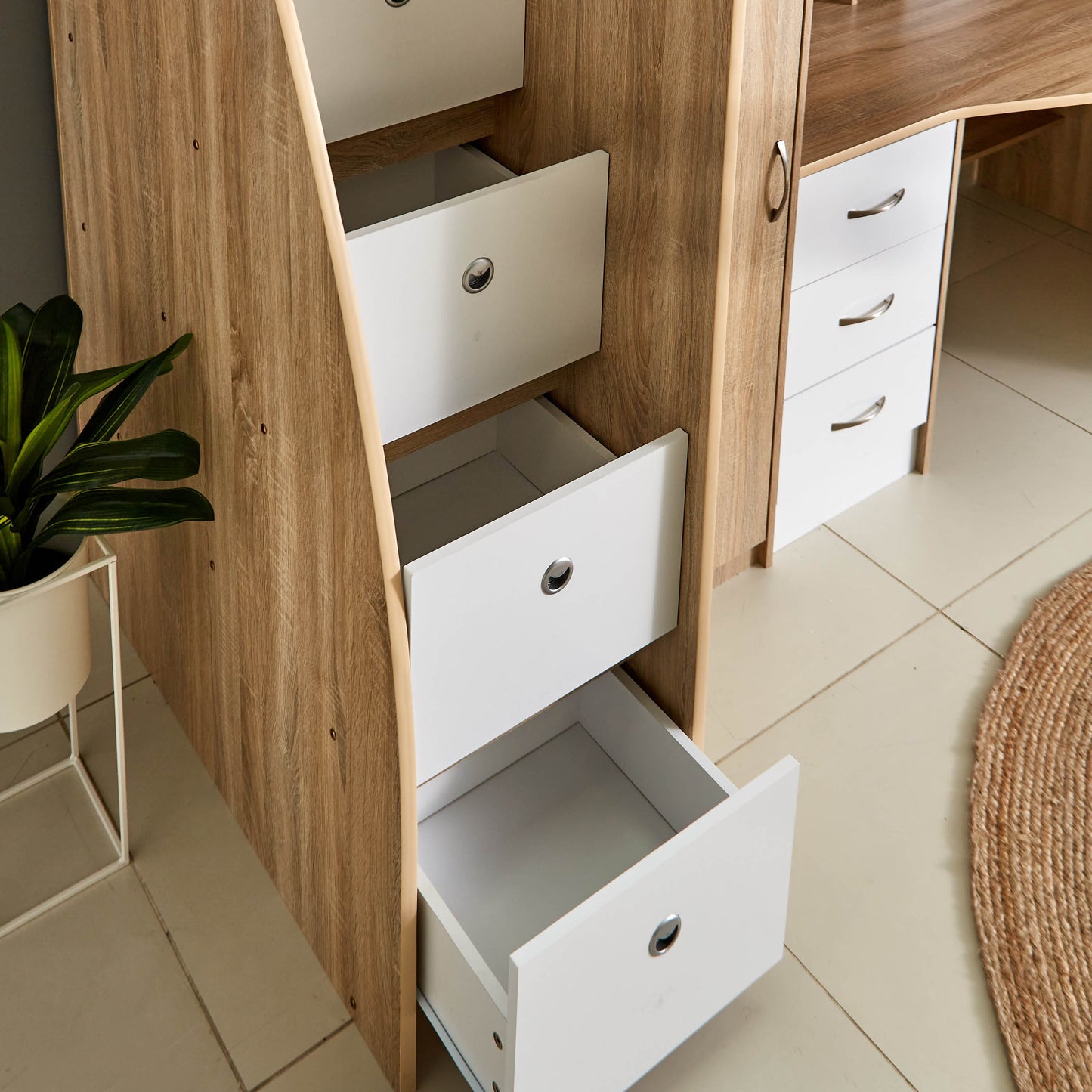 Single Loft Bed with Storage & Study Desk 90x190 cm – Space Saving Loft Bed with 7 Drawers