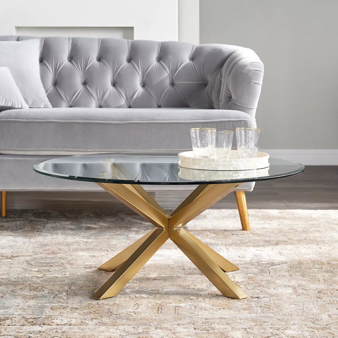 Glass Top Coffee Table, Elevate Style For Modern Home 90 x 90 x 40 CM - Gold - COOLBABY
